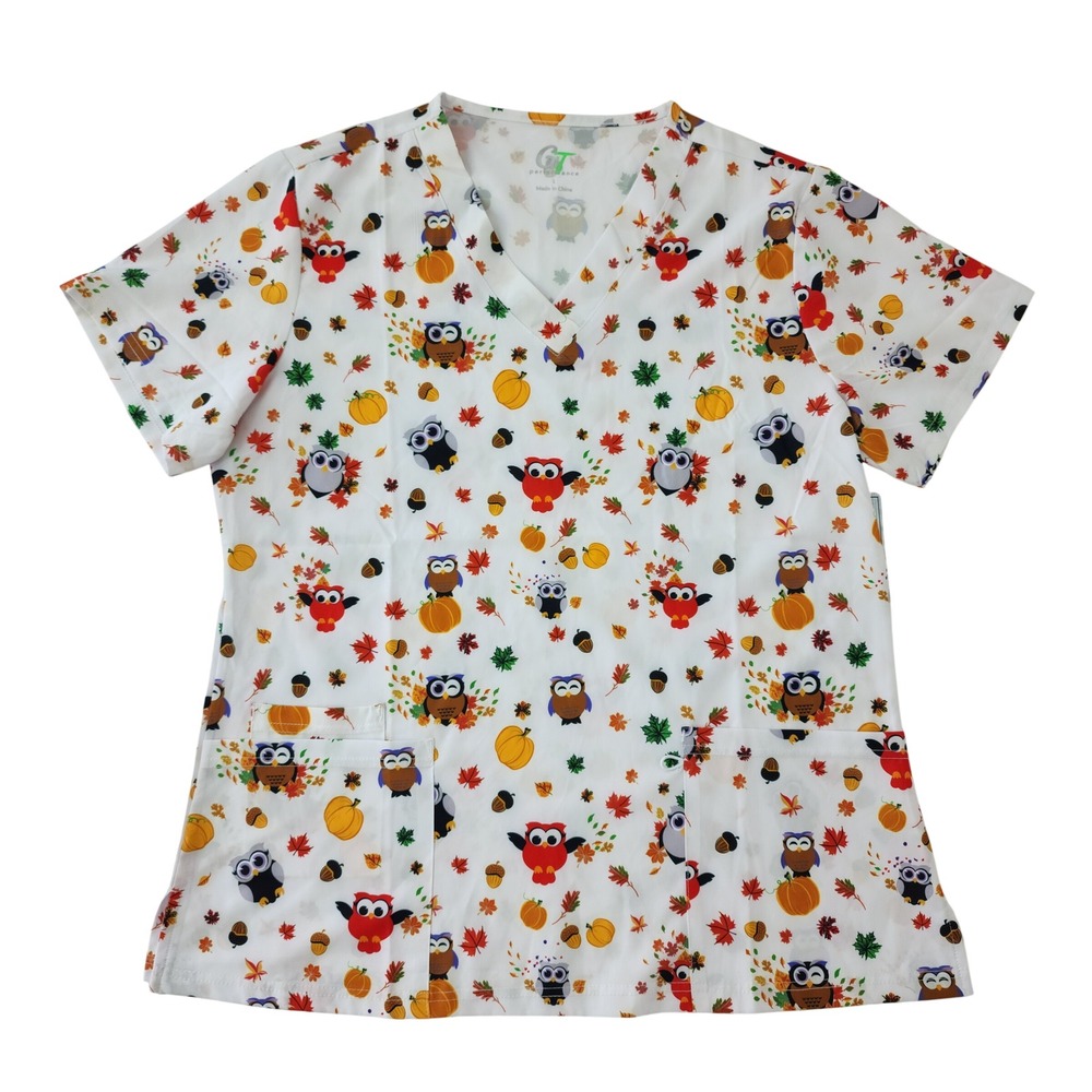 GT Performance Fall Owl Pumpkin Scrub Top Large V-Neck Stretch BC50-1784WH